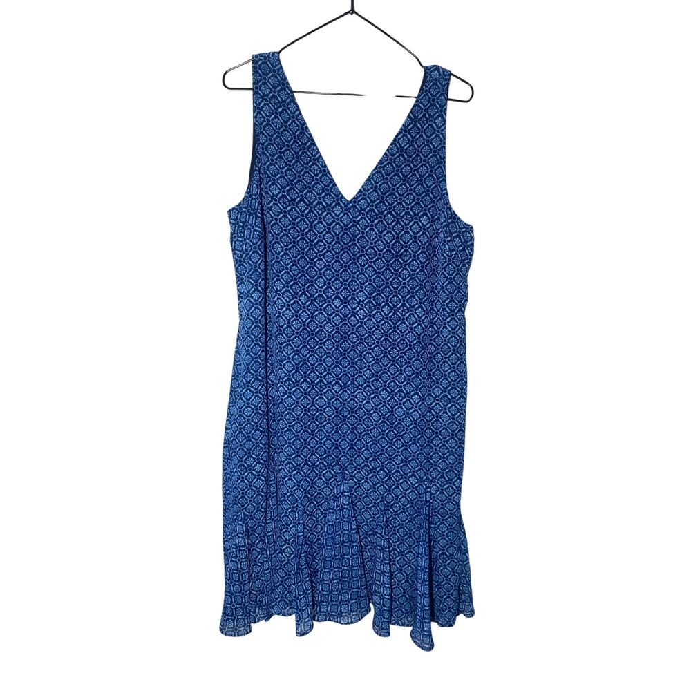 Lauren Ralph Lauren Geo Print Indigo Sky V-neck Dress sz 14 boho coastal - Picture 2 of 7